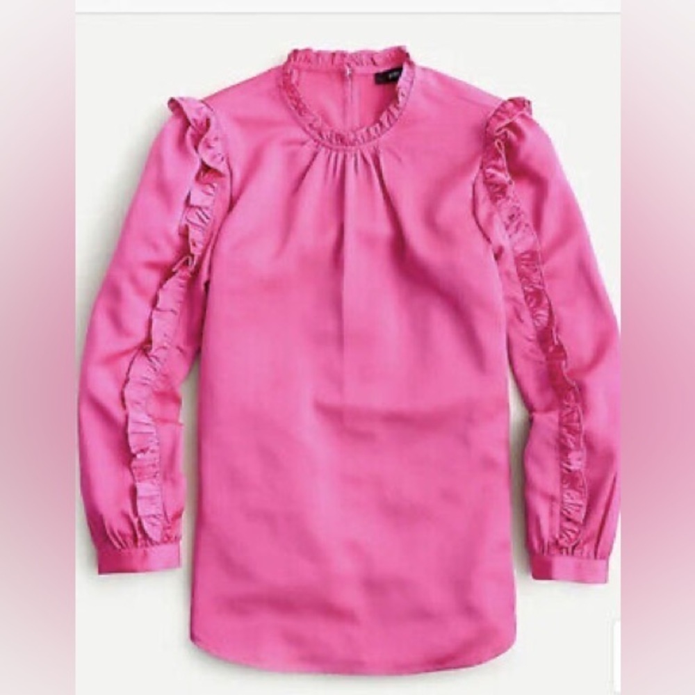 J.Crew - Hot Pink Fun Bright Ruffle Long Sleeve Satin Crepe Blouse Size Large